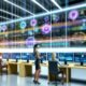 Junge Marketerin mit Headset vor wandgroßem Display im futuristischen Büro, umgeben von Echtzeit-Datenvisualisierungen und vernetzten Informationsquellen.