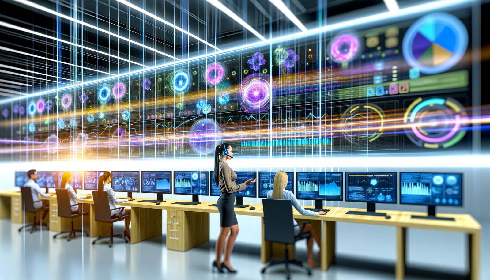 Junge Marketerin mit Headset vor wandgroßem Display im futuristischen Büro, umgeben von Echtzeit-Datenvisualisierungen und vernetzten Informationsquellen.