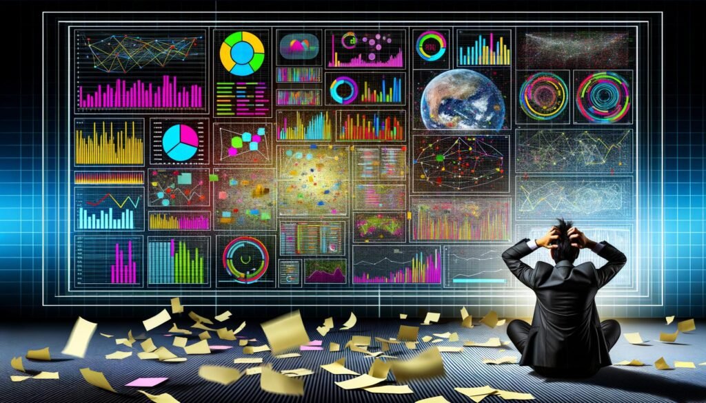 Ein überladenes Daten-Dashboard auf einem Monitor mit vielen bunten Diagrammen, ein frustrierter Geschäftsmann sitzt davor mit vielen Haftnotizen und Berichten.