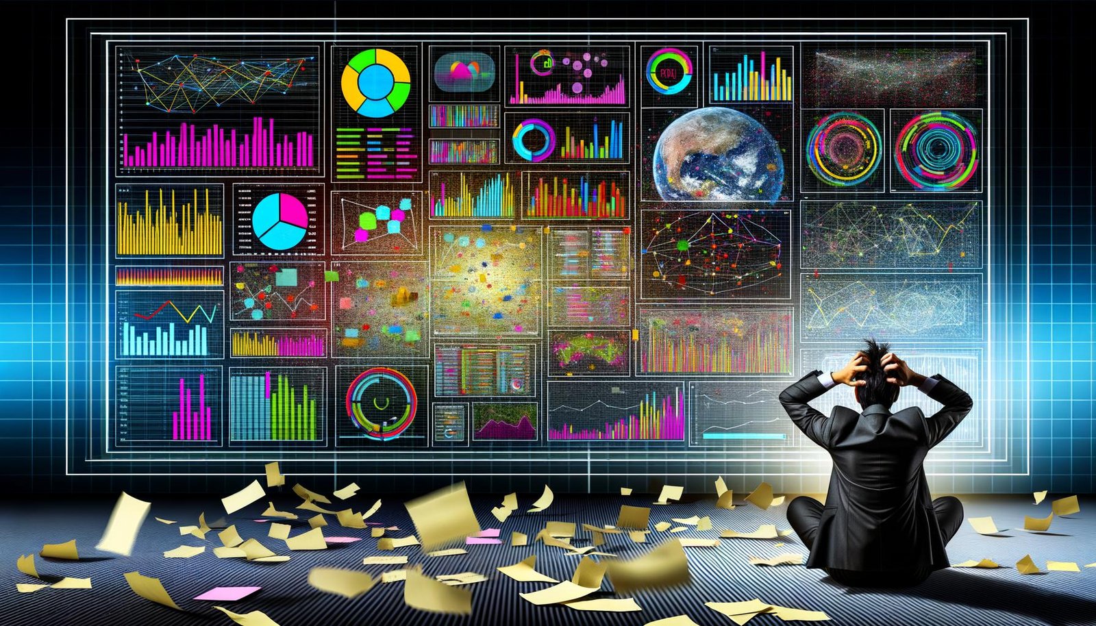 Ein überladenes Daten-Dashboard auf einem Monitor mit vielen bunten Diagrammen, ein frustrierter Geschäftsmann sitzt davor mit vielen Haftnotizen und Berichten.