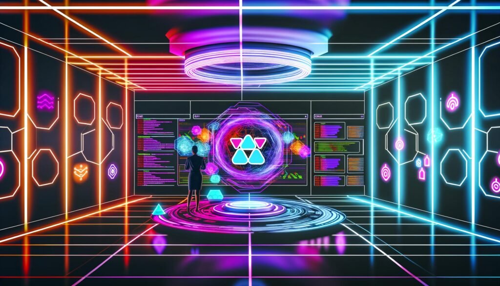 Illustration eines futuristischen Kontrollraums mit holographischen Datenschnittstellen, einem Entwickler am GraphQL Playground und stilisierten REST-API-Türen im Hintergrund