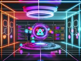 Illustration eines futuristischen Kontrollraums mit holographischen Datenschnittstellen, einem Entwickler am GraphQL Playground und stilisierten REST-API-Türen im Hintergrund