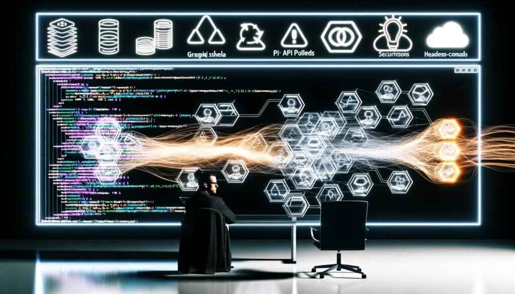 Konzentrierter Entwickler betrachtet große Monitore mit komplexem GraphQL-Schema, verbundenen UI-Komponenten und Datenströmen zwischen Backend, Plasmic-Builder und Frontend, umgeben von Sicherheits-, Geschwindigkeits- und Headless-CMS-Symbolen.