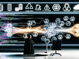 Konzentrierter Entwickler betrachtet große Monitore mit komplexem GraphQL-Schema, verbundenen UI-Komponenten und Datenströmen zwischen Backend, Plasmic-Builder und Frontend, umgeben von Sicherheits-, Geschwindigkeits- und Headless-CMS-Symbolen.