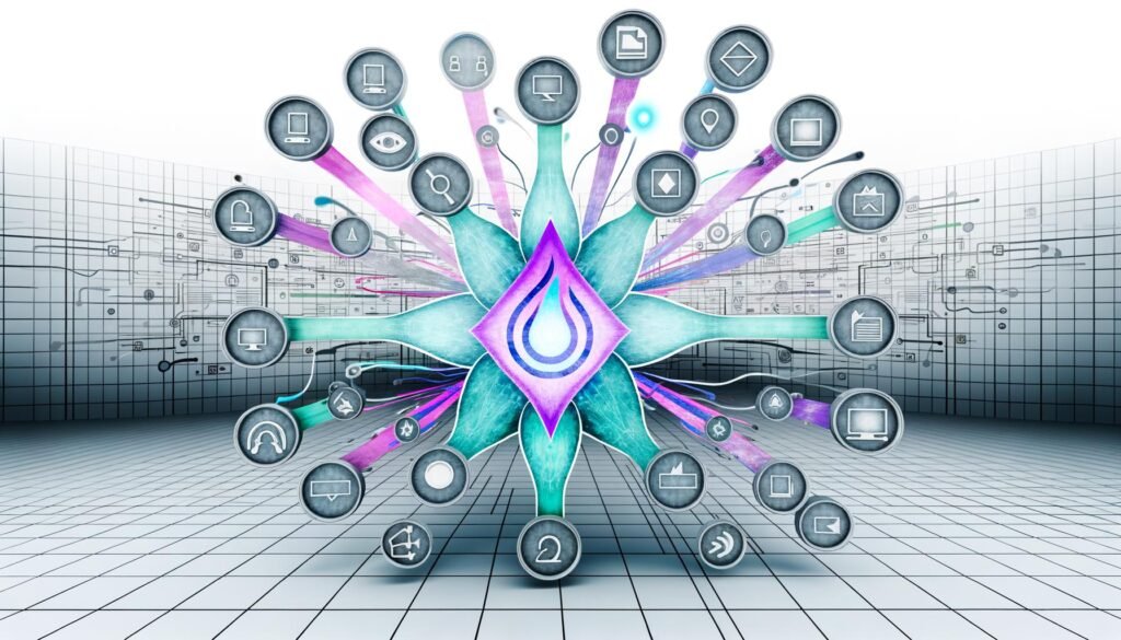 Dynamisches, modernes Architektur-Blueprint einer Multichannel-Content-Landschaft mit Plasmic-Logo, sternförmigen Kanälen und abstrahierten Icons für Technologien und Kanäle vor zerfallenden alten CMS-Systemen.