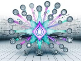 Dynamisches, modernes Architektur-Blueprint einer Multichannel-Content-Landschaft mit Plasmic-Logo, sternförmigen Kanälen und abstrahierten Icons für Technologien und Kanäle vor zerfallenden alten CMS-Systemen.