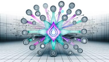 Dynamisches, modernes Architektur-Blueprint einer Multichannel-Content-Landschaft mit Plasmic-Logo, sternförmigen Kanälen und abstrahierten Icons für Technologien und Kanäle vor zerfallenden alten CMS-Systemen.