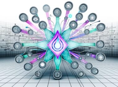 Dynamisches, modernes Architektur-Blueprint einer Multichannel-Content-Landschaft mit Plasmic-Logo, sternförmigen Kanälen und abstrahierten Icons für Technologien und Kanäle vor zerfallenden alten CMS-Systemen.