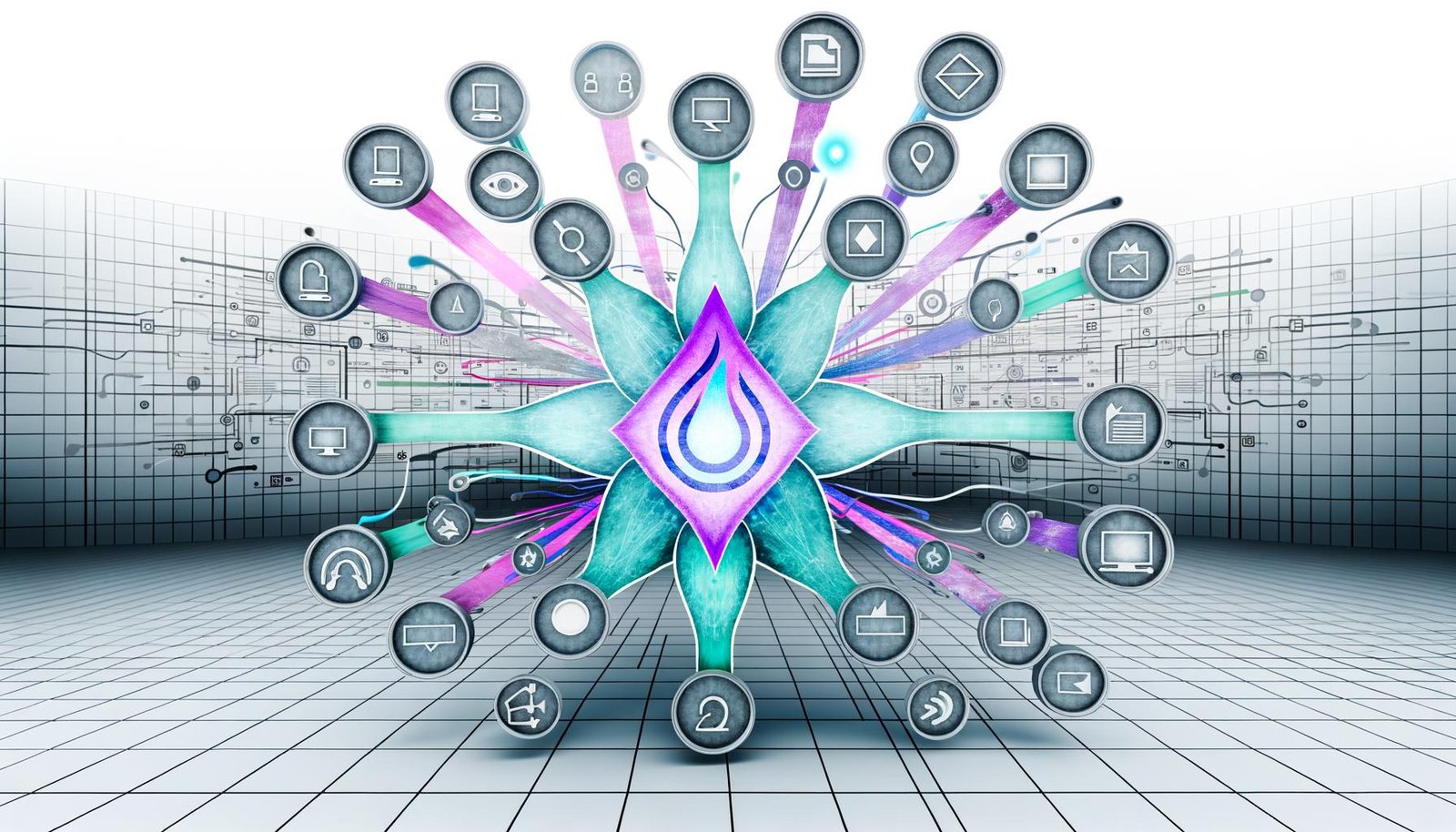 Dynamisches, modernes Architektur-Blueprint einer Multichannel-Content-Landschaft mit Plasmic-Logo, sternförmigen Kanälen und abstrahierten Icons für Technologien und Kanäle vor zerfallenden alten CMS-Systemen.