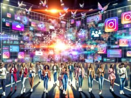 Junge Social-Media-Influencer*innen im kreativen Chaos aus digitalen KI-Symbolen, umgeben von Laptops, Smartphones und modernen Bildschirmen mit bunten Visuals und Analyse-Dashboards.