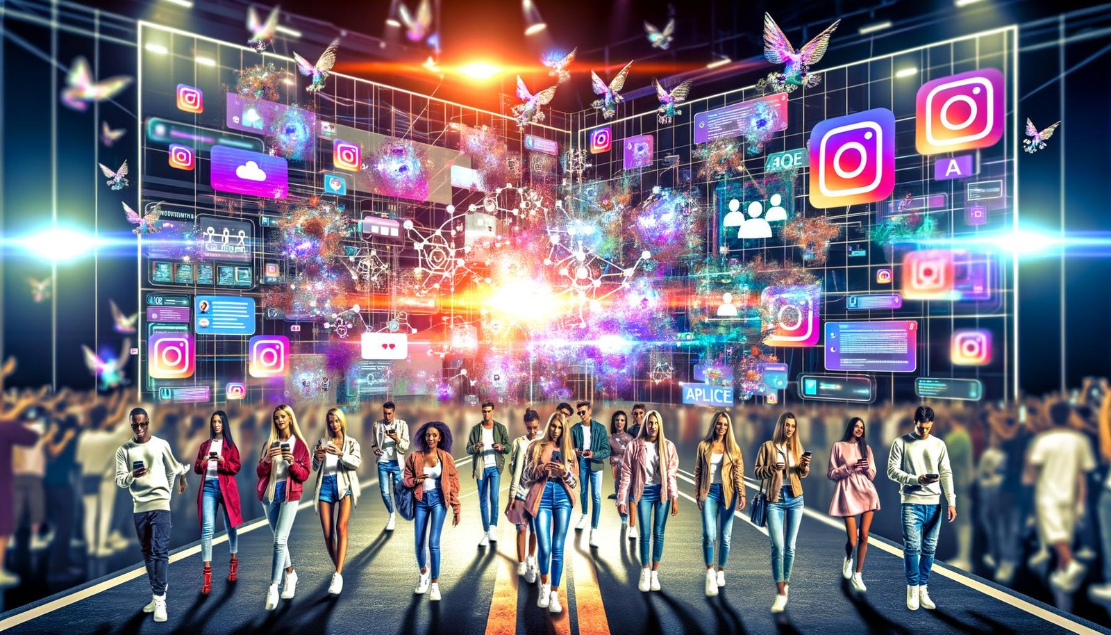 Junge Social-Media-Influencer*innen im kreativen Chaos aus digitalen KI-Symbolen, umgeben von Laptops, Smartphones und modernen Bildschirmen mit bunten Visuals und Analyse-Dashboards.