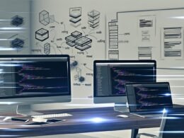 Modernes Entwicklerbüro mit mehreren Monitoren, auf denen Next.js und Plasmic zu sehen sind, sowie Architekturskizzen im Hintergrund.