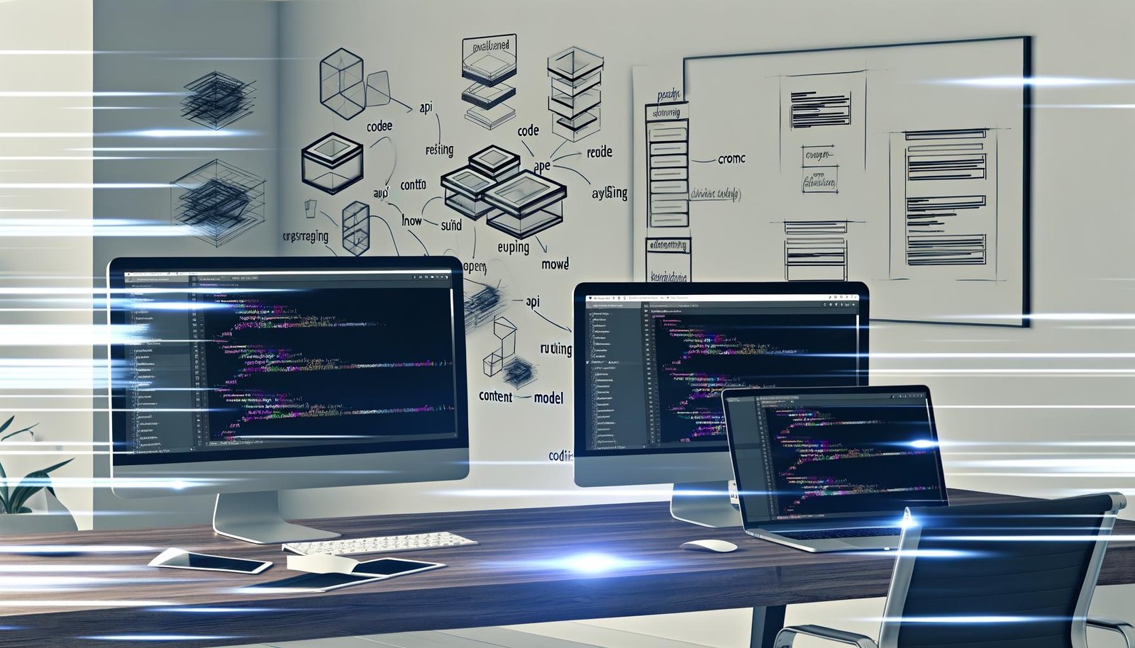 Modernes Entwicklerbüro mit mehreren Monitoren, auf denen Next.js und Plasmic zu sehen sind, sowie Architekturskizzen im Hintergrund.