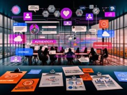 Illustration eines modernen Arbeitsplatzes mit Bildschirmen voller Social Media Posts, UGC Tools, Analytics-Dashboards, Consent-Popups und einer vielfältigen Online-Community.