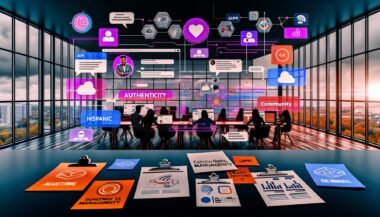 Illustration eines modernen Arbeitsplatzes mit Bildschirmen voller Social Media Posts, UGC Tools, Analytics-Dashboards, Consent-Popups und einer vielfältigen Online-Community.