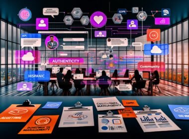 Illustration eines modernen Arbeitsplatzes mit Bildschirmen voller Social Media Posts, UGC Tools, Analytics-Dashboards, Consent-Popups und einer vielfältigen Online-Community.