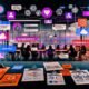 Illustration eines modernen Arbeitsplatzes mit Bildschirmen voller Social Media Posts, UGC Tools, Analytics-Dashboards, Consent-Popups und einer vielfältigen Online-Community.