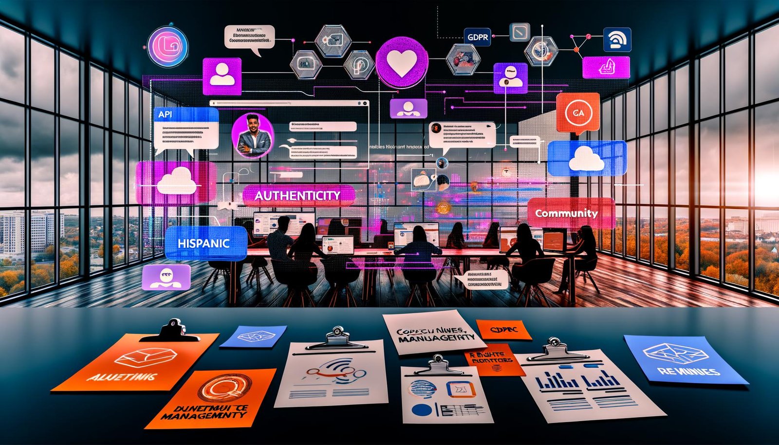 Illustration eines modernen Arbeitsplatzes mit Bildschirmen voller Social Media Posts, UGC Tools, Analytics-Dashboards, Consent-Popups und einer vielfältigen Online-Community.