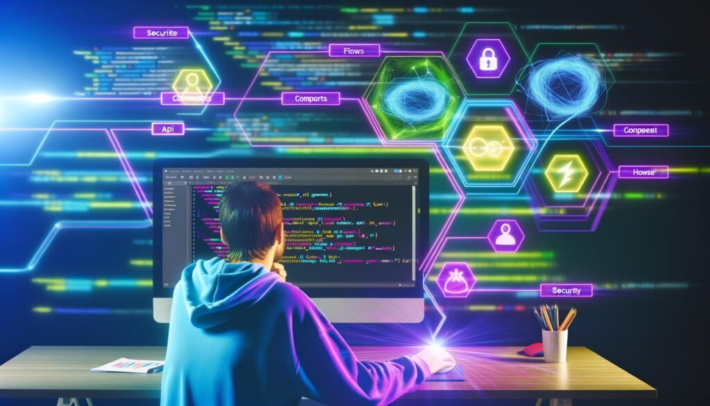 Developer an einem Bildschirm mit Next.js-Projekt und Plasmic Drag-and-Drop-Oberfläche in Visual Studio Code, umgeben von holographischen Verbindungen zu Headless CMS, Komponenten und Datenquellen, mit leuchtenden Diagrammen und Sicherheits-Icons im Hintergrund.