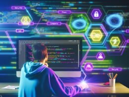 Developer an einem Bildschirm mit Next.js-Projekt und Plasmic Drag-and-Drop-Oberfläche in Visual Studio Code, umgeben von holographischen Verbindungen zu Headless CMS, Komponenten und Datenquellen, mit leuchtenden Diagrammen und Sicherheits-Icons im Hintergrund.