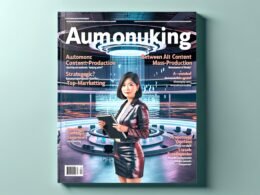 Marketing Manager analysiert KI-generierte Inhalte an schwebenden Hologramm-Panels in einem futuristischen Büro und hält einen Notizblock mit komplexen Vorschlägen – im Hintergrund eine Gegenüberstellung von Massenproduktion und strategischer Exzellenz.