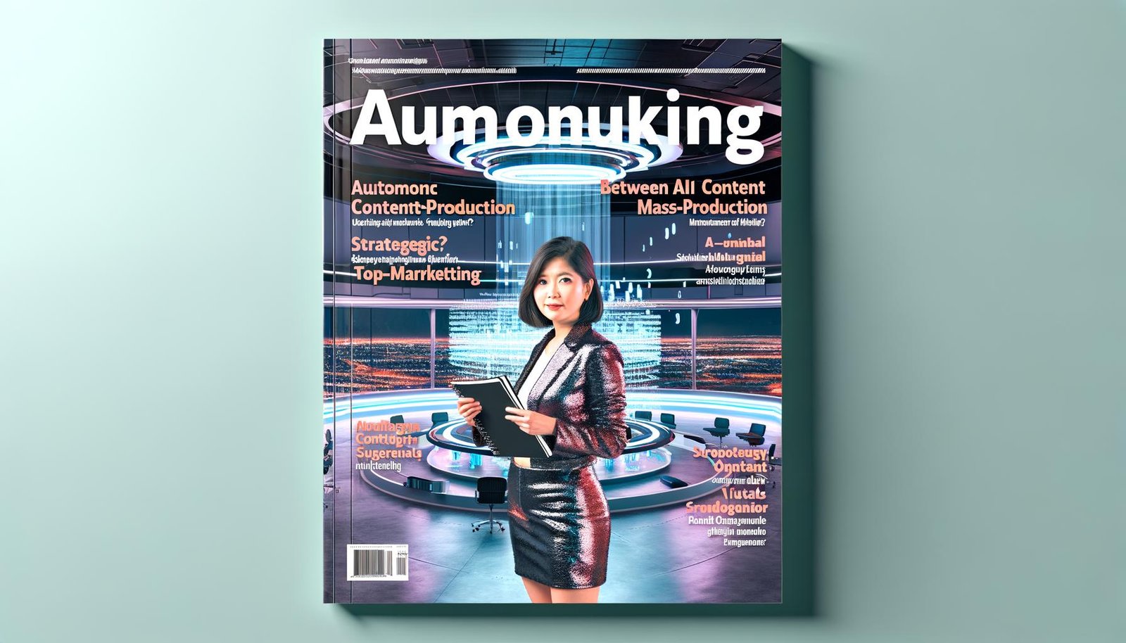 Marketing Manager analysiert KI-generierte Inhalte an schwebenden Hologramm-Panels in einem futuristischen Büro und hält einen Notizblock mit komplexen Vorschlägen – im Hintergrund eine Gegenüberstellung von Massenproduktion und strategischer Exzellenz.