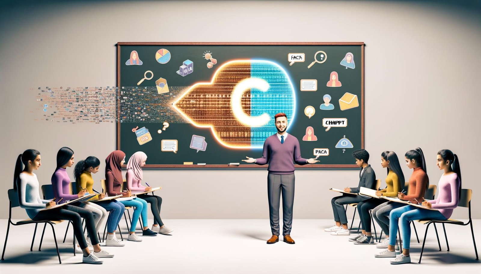 Vielseitige Teenager arbeiten in einem Klassenzimmer mit Tafel, Bildschirm mit ChatGPT-Logo und einer Lehrkraft, die zwischen analogen und digitalen Tools den Einsatz von KI erläutert. Verschiedene Symbole verdeutlichen Mythen und Fakten zur KI in der Schule.