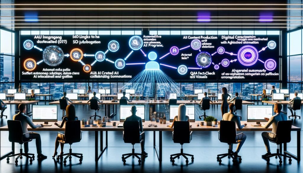 Offenes, futuristisches Büro mit multikulturellem Team, das an einem automatisierten AI-Content-Produktionsprozess arbeitet. Auf Großbildschirmen sind dynamische Workflows mit GPT-4, Claude, Gemini, Automatisierungen, SEO- und QA-Dashboards sowie KI-generierte Medieninhalte zu sehen.