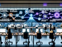Offenes, futuristisches Büro mit multikulturellem Team, das an einem automatisierten AI-Content-Produktionsprozess arbeitet. Auf Großbildschirmen sind dynamische Workflows mit GPT-4, Claude, Gemini, Automatisierungen, SEO- und QA-Dashboards sowie KI-generierte Medieninhalte zu sehen.