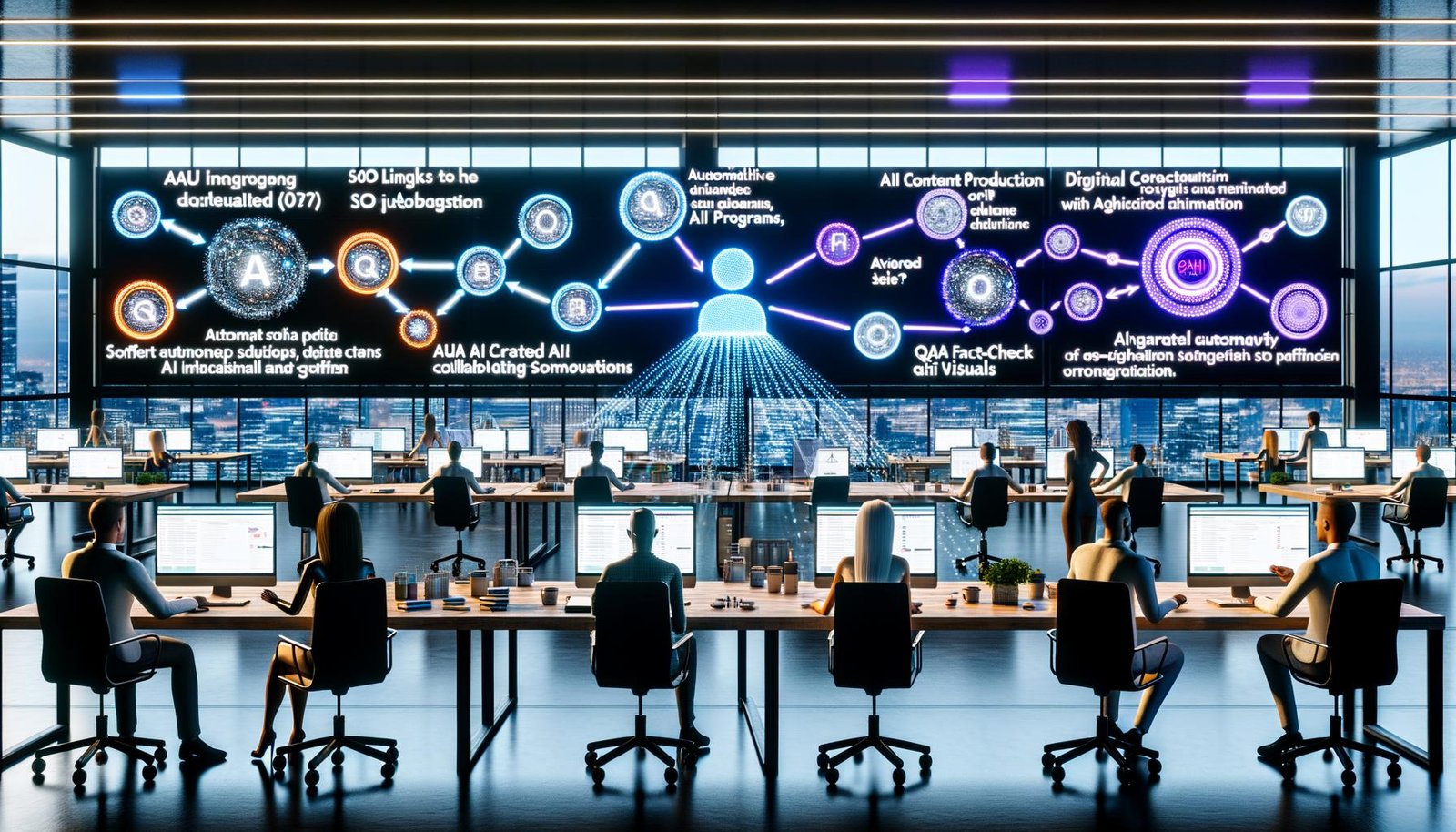 Offenes, futuristisches Büro mit multikulturellem Team, das an einem automatisierten AI-Content-Produktionsprozess arbeitet. Auf Großbildschirmen sind dynamische Workflows mit GPT-4, Claude, Gemini, Automatisierungen, SEO- und QA-Dashboards sowie KI-generierte Medieninhalte zu sehen.