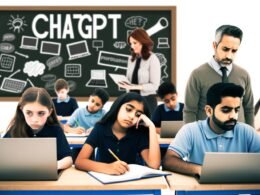 Klassenzimmer mit Schülern an Laptops und Heften, Tafel mit ChatGPT-Schriftzug, Lehrerin und Lehrer beobachten gespannt und skeptisch das Geschehen.