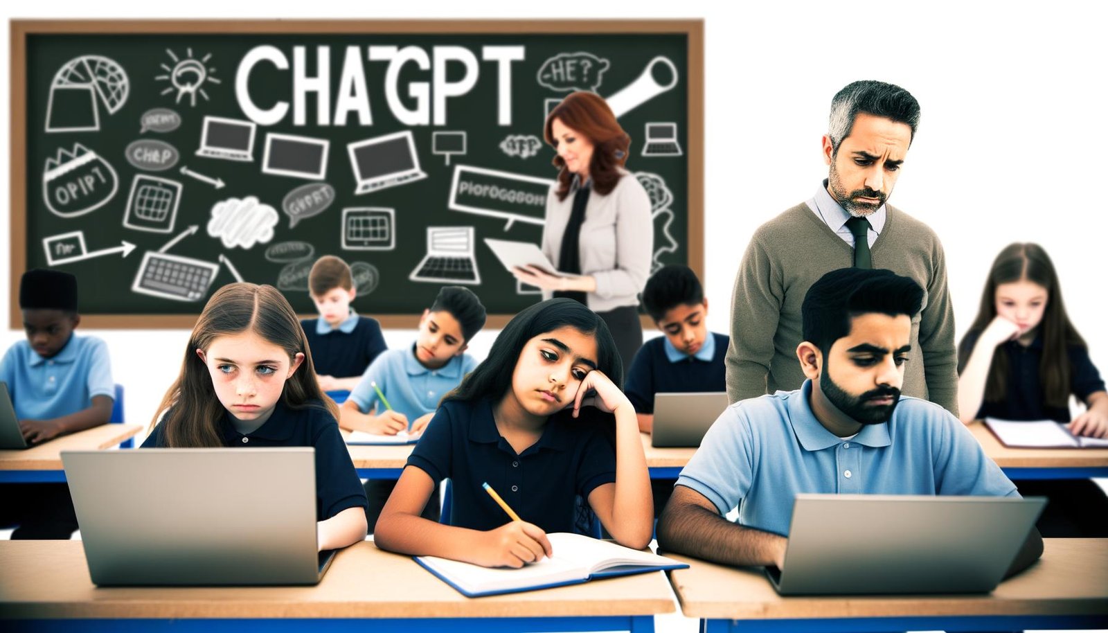 Klassenzimmer mit Schülern an Laptops und Heften, Tafel mit ChatGPT-Schriftzug, Lehrerin und Lehrer beobachten gespannt und skeptisch das Geschehen.