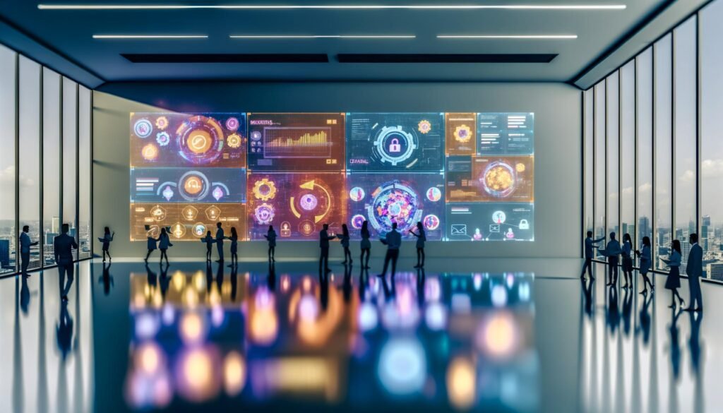 Futuristischer Arbeitsplatz mit transparenten Daten-Dashboards, die von diversen Marketing- und Business-Fachleuten im modernen Büro genutzt werden