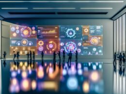 Futuristischer Arbeitsplatz mit transparenten Daten-Dashboards, die von diversen Marketing- und Business-Fachleuten im modernen Büro genutzt werden