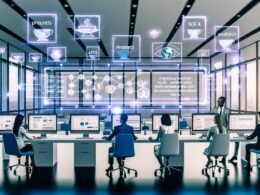 Fortschrittlicher Arbeitsbereich mit mehreren Monitoren, die ein KI-Content-Produktionsdashboard und kollaborierende Teammitglieder im modernen Büro zeigen