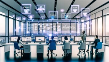 Fortschrittlicher Arbeitsbereich mit mehreren Monitoren, die ein KI-Content-Produktionsdashboard und kollaborierende Teammitglieder im modernen Büro zeigen