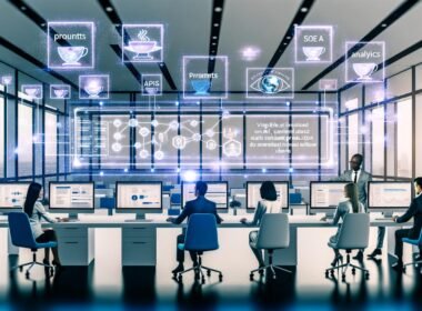 Fortschrittlicher Arbeitsbereich mit mehreren Monitoren, die ein KI-Content-Produktionsdashboard und kollaborierende Teammitglieder im modernen Büro zeigen