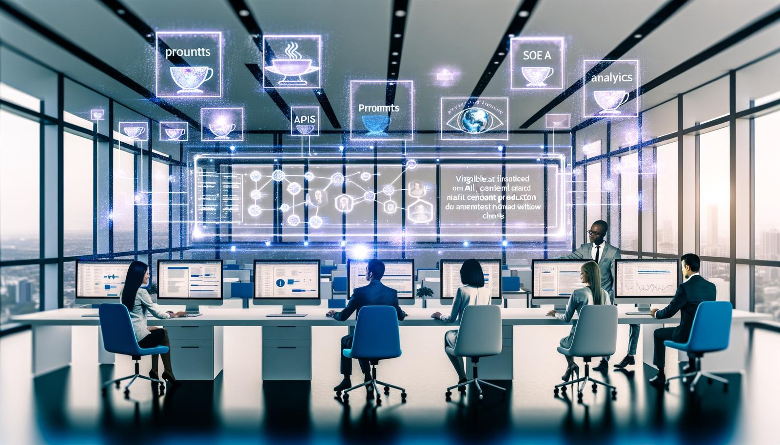 Fortschrittlicher Arbeitsbereich mit mehreren Monitoren, die ein KI-Content-Produktionsdashboard und kollaborierende Teammitglieder im modernen Büro zeigen