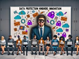 Illustration eines gestressten Managers im Anzug, der in einem modernen Unternehmensmeeting 'Datenschutz verhindert Innovation' an eine smarte Tafel schreibt, umgeben von IT-Expert:innen und Datenschutz-Icons.
