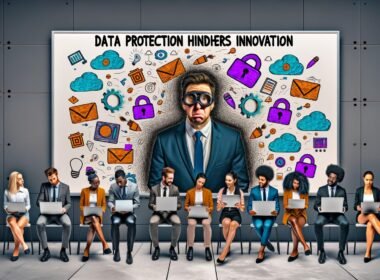 Illustration eines gestressten Managers im Anzug, der in einem modernen Unternehmensmeeting 'Datenschutz verhindert Innovation' an eine smarte Tafel schreibt, umgeben von IT-Expert:innen und Datenschutz-Icons.
