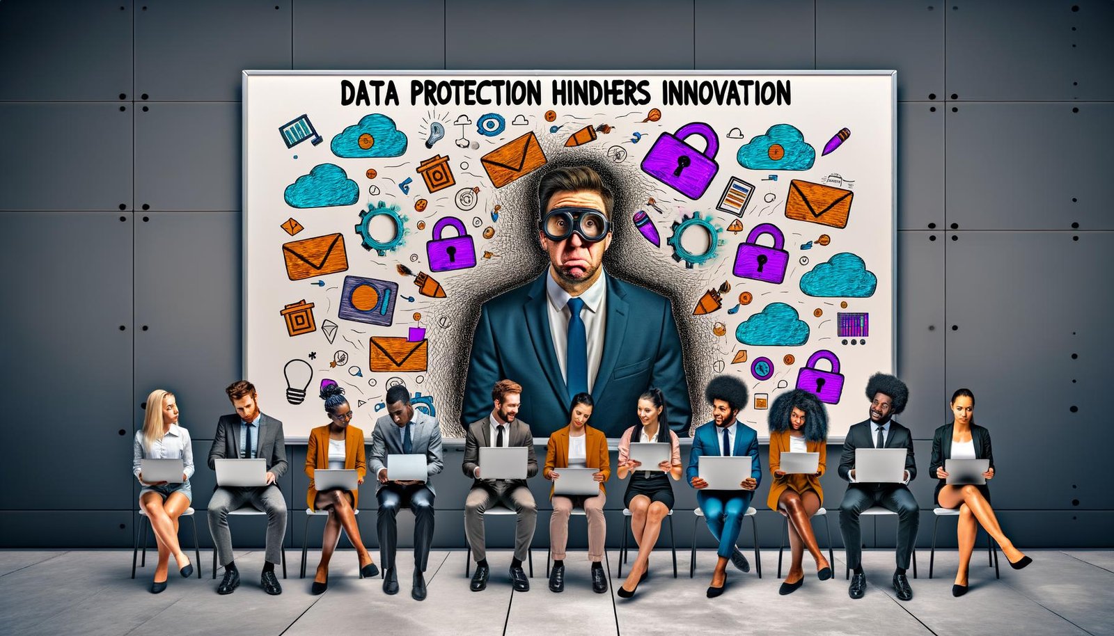 Illustration eines gestressten Managers im Anzug, der in einem modernen Unternehmensmeeting 'Datenschutz verhindert Innovation' an eine smarte Tafel schreibt, umgeben von IT-Expert:innen und Datenschutz-Icons.
