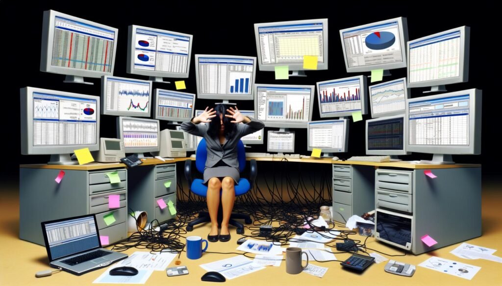 Marketer am überladenen Schreibtisch mit vielen Monitoren, die nicht verbundene Daten und Statistiken anzeigen, Symbol für digitale Überlastung.
