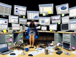Marketer am überladenen Schreibtisch mit vielen Monitoren, die nicht verbundene Daten und Statistiken anzeigen, Symbol für digitale Überlastung.