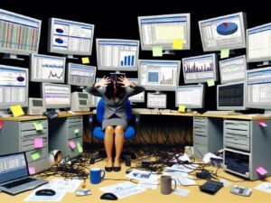 Marketer am überladenen Schreibtisch mit vielen Monitoren, die nicht verbundene Daten und Statistiken anzeigen, Symbol für digitale Überlastung.