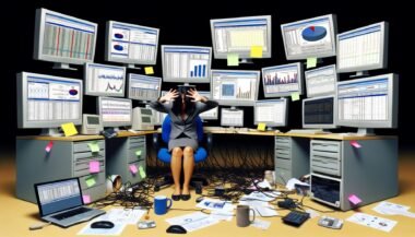 Marketer am überladenen Schreibtisch mit vielen Monitoren, die nicht verbundene Daten und Statistiken anzeigen, Symbol für digitale Überlastung.