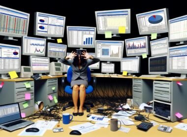 Marketer am überladenen Schreibtisch mit vielen Monitoren, die nicht verbundene Daten und Statistiken anzeigen, Symbol für digitale Überlastung.