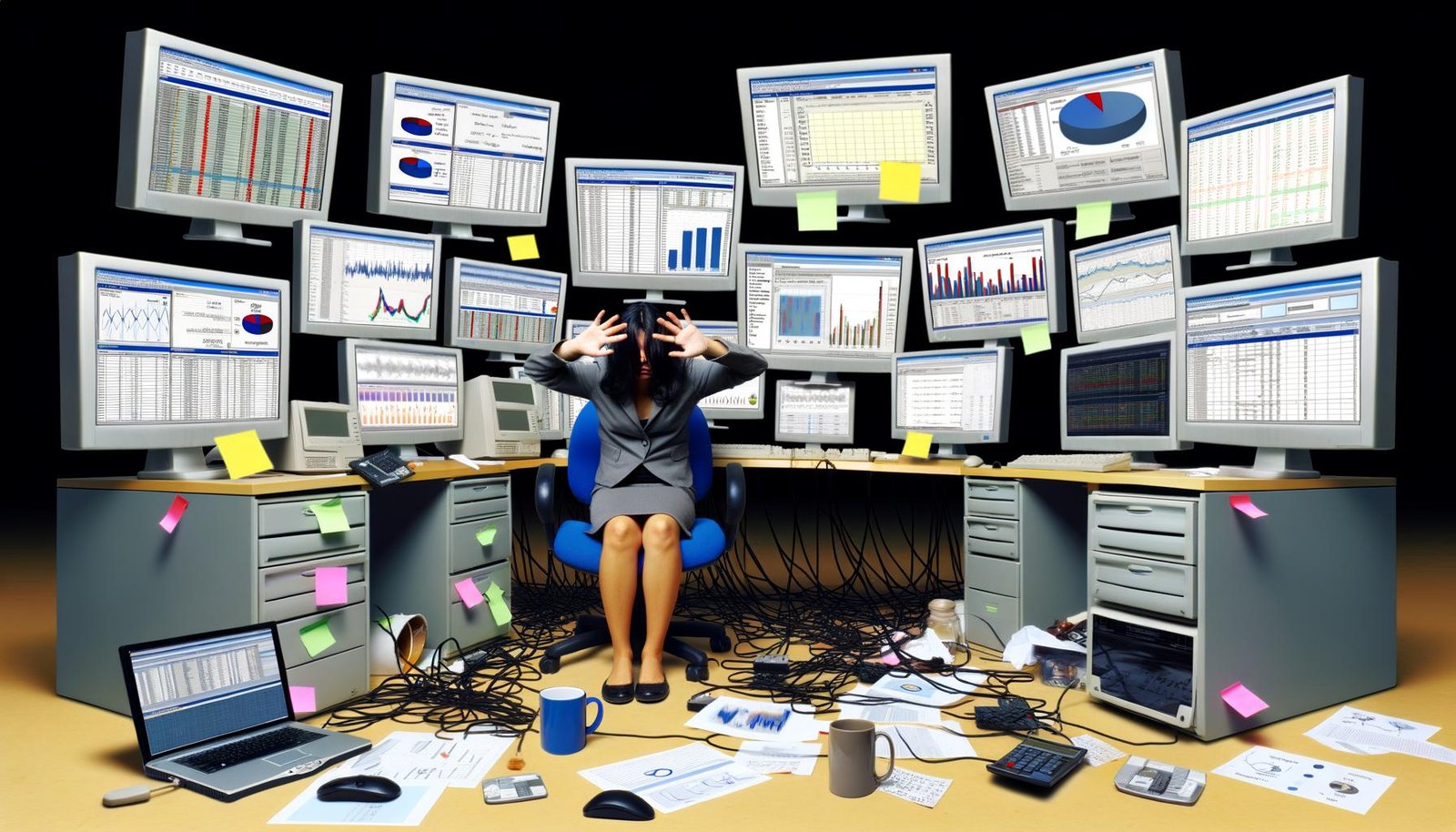 Marketer am überladenen Schreibtisch mit vielen Monitoren, die nicht verbundene Daten und Statistiken anzeigen, Symbol für digitale Überlastung.