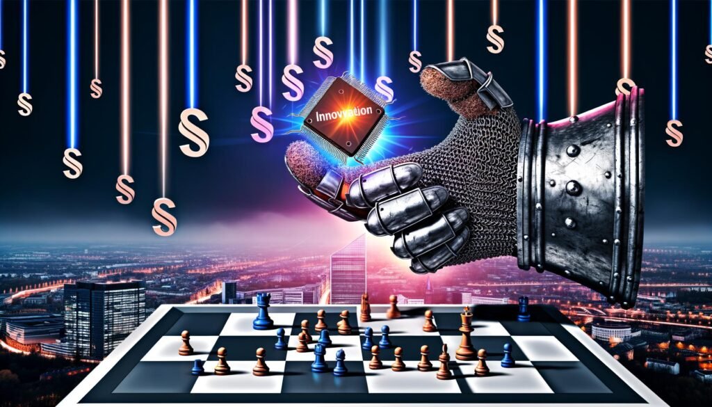 Digitales Schachbrett mit Kettenhemd-Handschuh 'Datenschutz', der einen leuchtenden Mikrochip 'Innovation' umklammert; moderne europäische Skyline mit Paragrafen-Schatten und strahlenden Technologien.