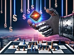 Digitales Schachbrett mit Kettenhemd-Handschuh 'Datenschutz', der einen leuchtenden Mikrochip 'Innovation' umklammert; moderne europäische Skyline mit Paragrafen-Schatten und strahlenden Technologien.