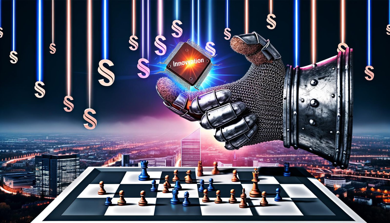 Digitales Schachbrett mit Kettenhemd-Handschuh 'Datenschutz', der einen leuchtenden Mikrochip 'Innovation' umklammert; moderne europäische Skyline mit Paragrafen-Schatten und strahlenden Technologien.